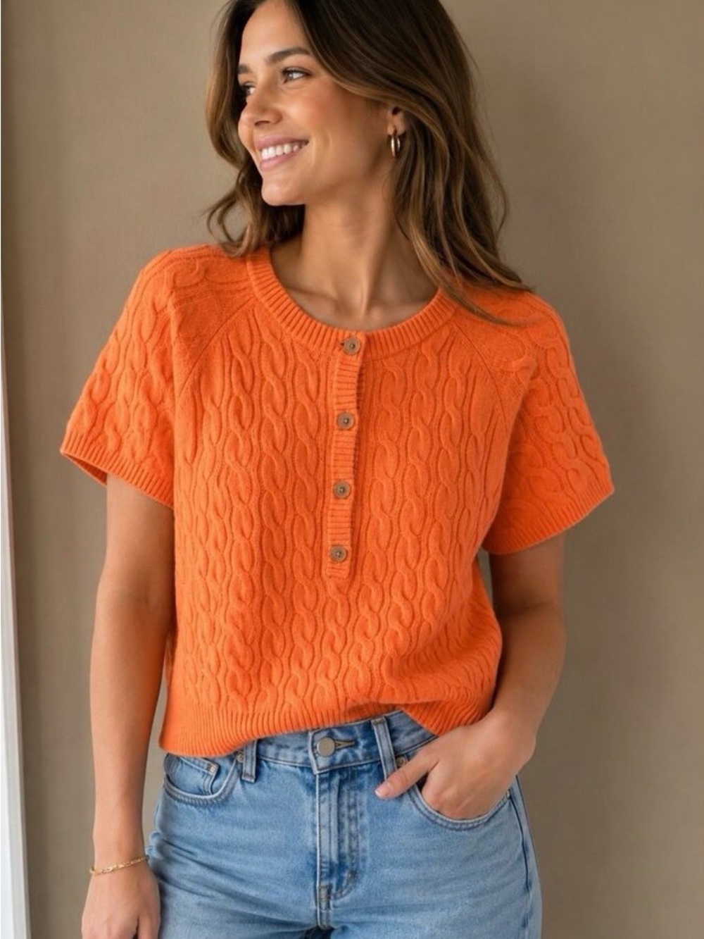 J. Crew Bright Orange Cable-Knit Short Sleeve Henley